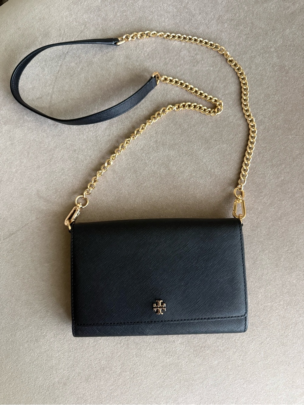 Tory Burch Black Leather Crossbody with Gold Chain Strap